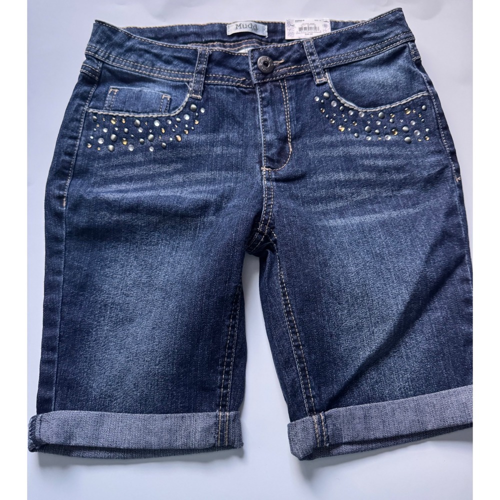 Mudd Girls Size 14 Dark Wash Rhinestone Studded Bermuda Denim Shorts NEW